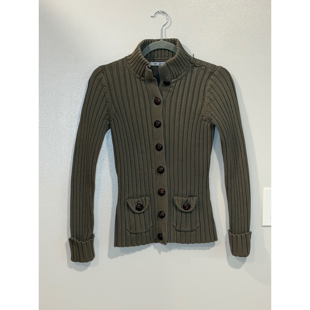 Eight Eight Eight Olive Green Ribbed Knit Mock Neck Cardigan Sweater